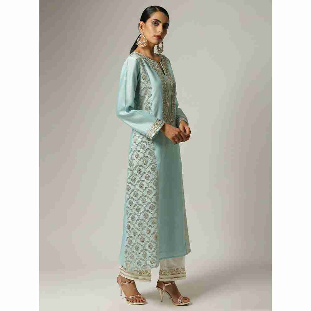 Anantaa Hand Embroidery & Golden Jaal Blue Silk Chanderi Kurta