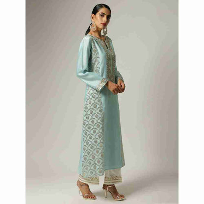 Anantaa Hand Embroidery & Golden Jaal Blue Silk Chanderi Kurta