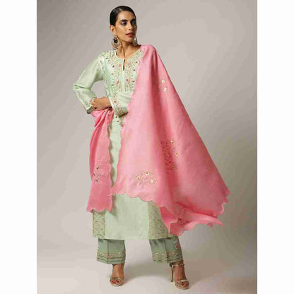 Anantaa Hand Embroidery & Golden Jaal Green Silk Chanderi Kurta
