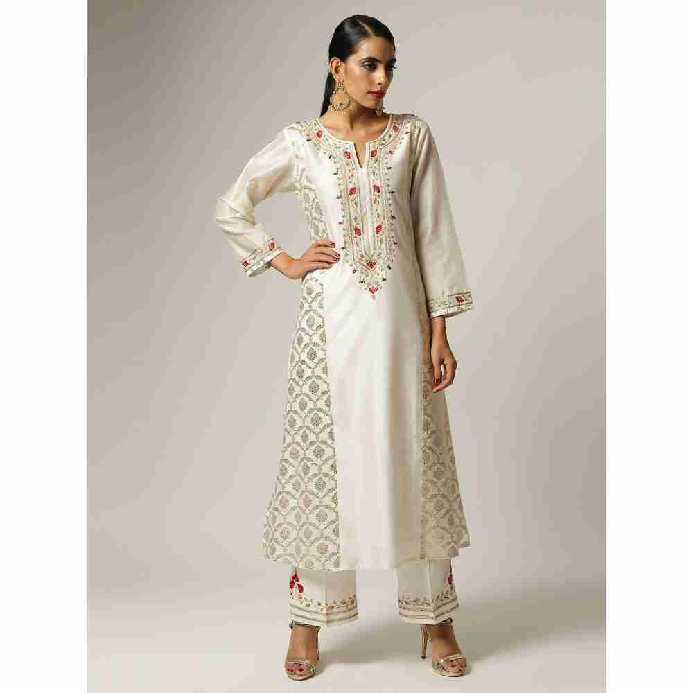 Anantaa Hand Embroidery & Golden Jaal Off White Silk Chanderi Kurta