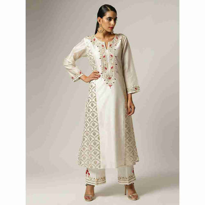 Anantaa Hand Embroidery & Golden Jaal Off White Silk Chanderi Kurta