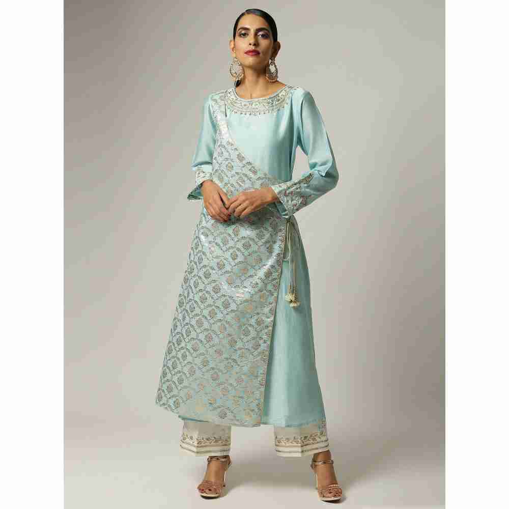 Anantaa Hand Embroidery & Golden Jaal Blue Angrakha Kurta