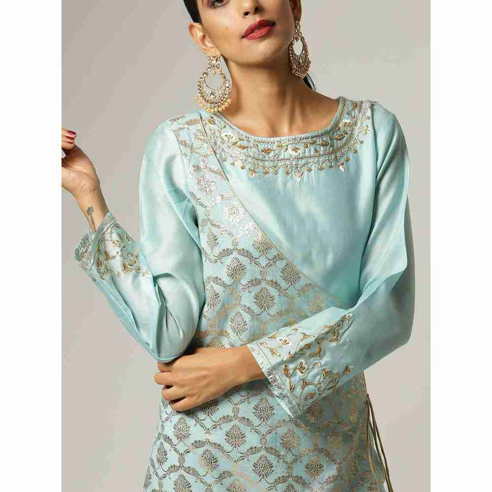Anantaa Hand Embroidery & Golden Jaal Blue Angrakha Kurta