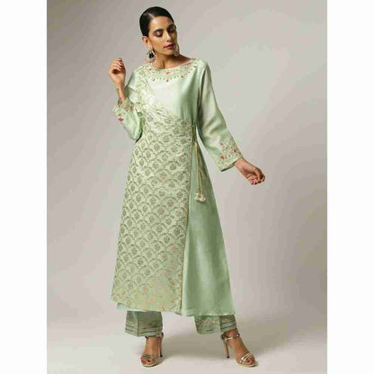 Anantaa Hand Embroidery & Golden Jaal Green Angrakha Kurta