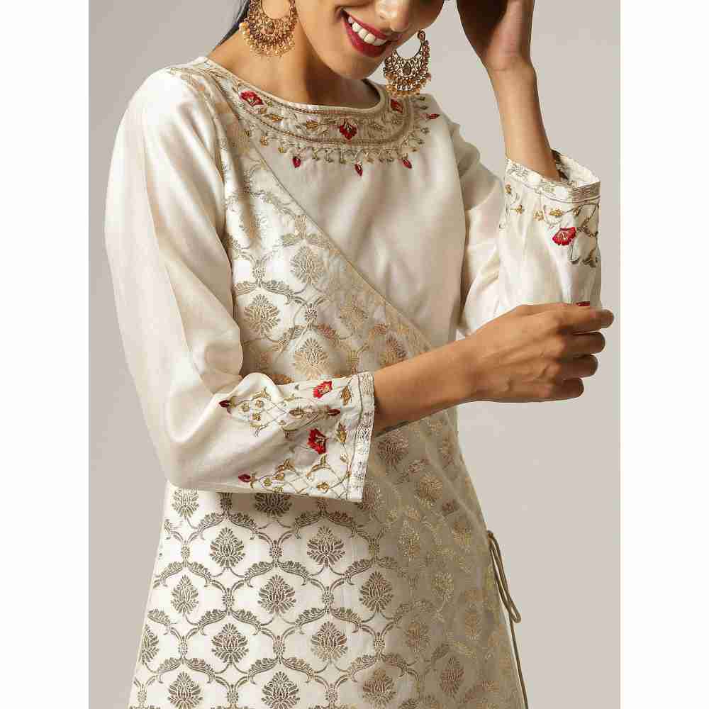 Anantaa Hand Embroidery & Golden Jaal Off White Angrakha Kurta