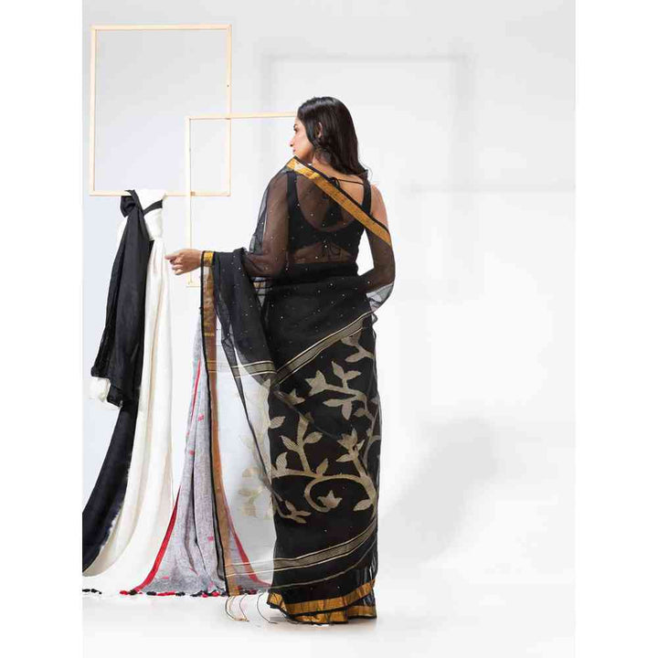 Angoshobha Black Cotton Blended Festive Jamdani Saree with Unstitched Blouse