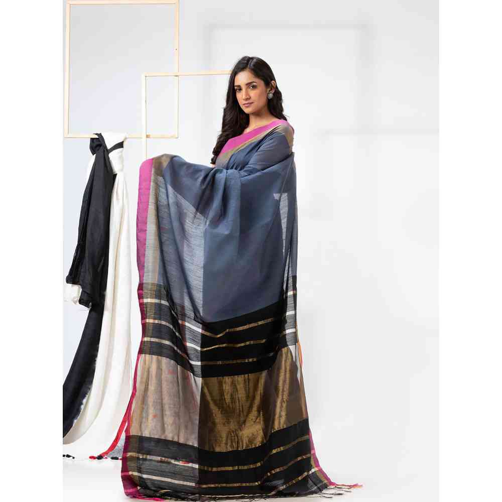 Angoshobha Grey & Black Cotton Blended Handloom Festive Saree with Unstitched Blouse