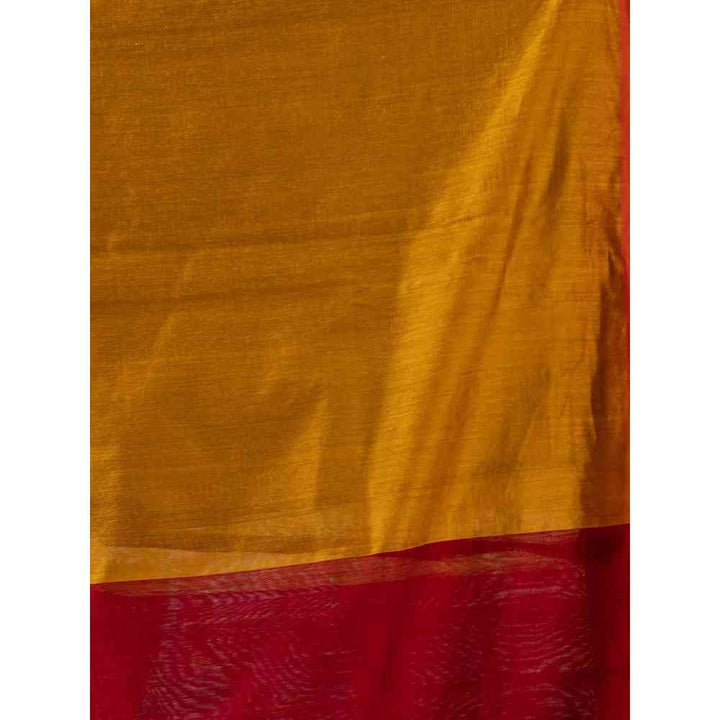 Angoshobha Red Cotton Blended Temple Border Jamdani Saree with Unstitched Blouse