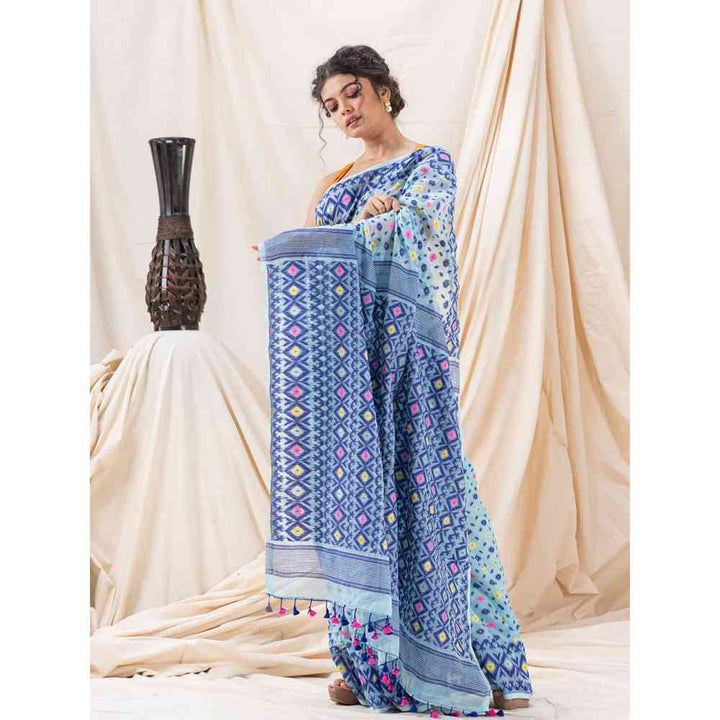 Angoshobha Traditional Sky Blue Soft Dhakai Jamdani Saree with Unstitched Blouse