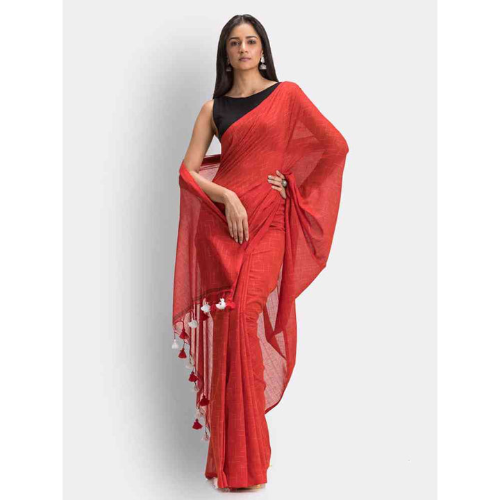 Angoshobha Red Handloom Traditional Molmol Cotton Saree with Unstitched Blouse