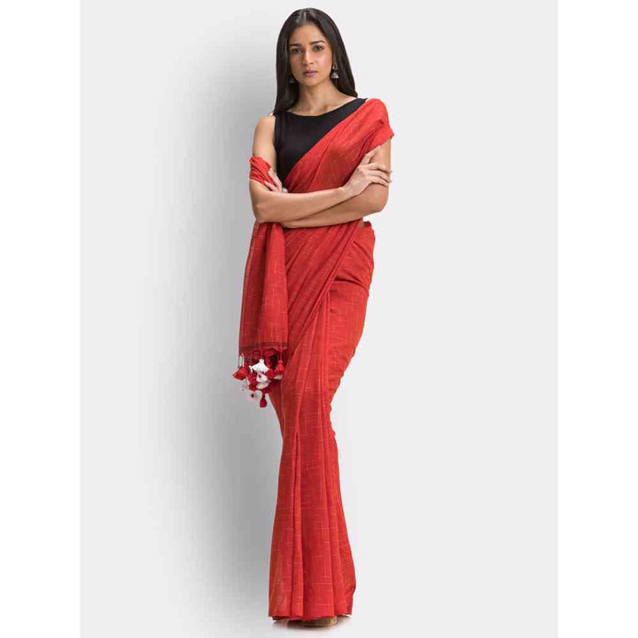 Angoshobha Red Handloom Traditional Molmol Cotton Saree with Unstitched Blouse