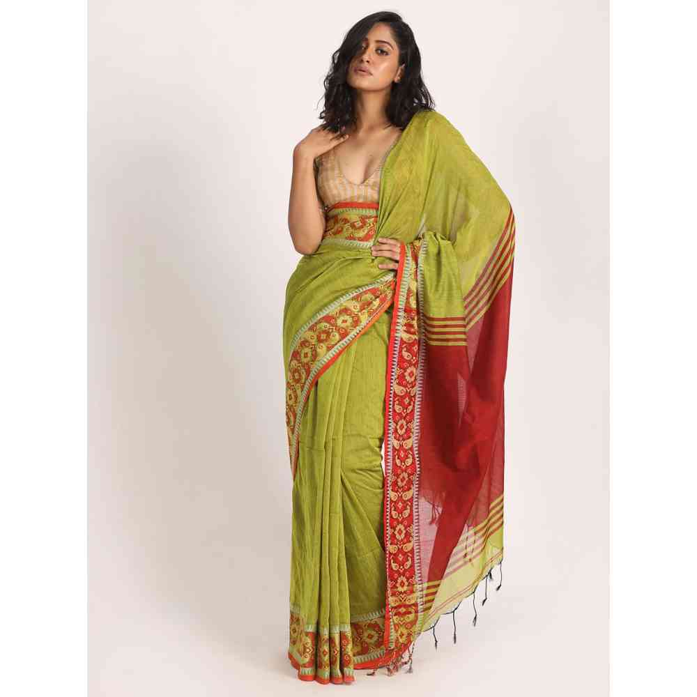 Angoshobha Green Handloom Cotton Tangail Saree with Unstitched Blouse