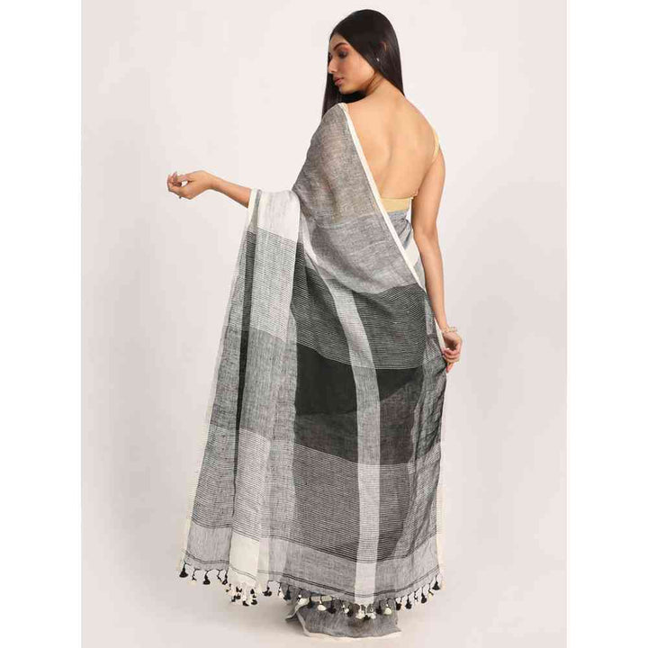 Angoshobha White & Black Traditional Handloom Linen Saree with Unstitched Blouse