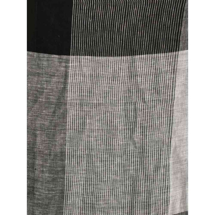 Angoshobha White & Black Traditional Handloom Linen Saree with Unstitched Blouse