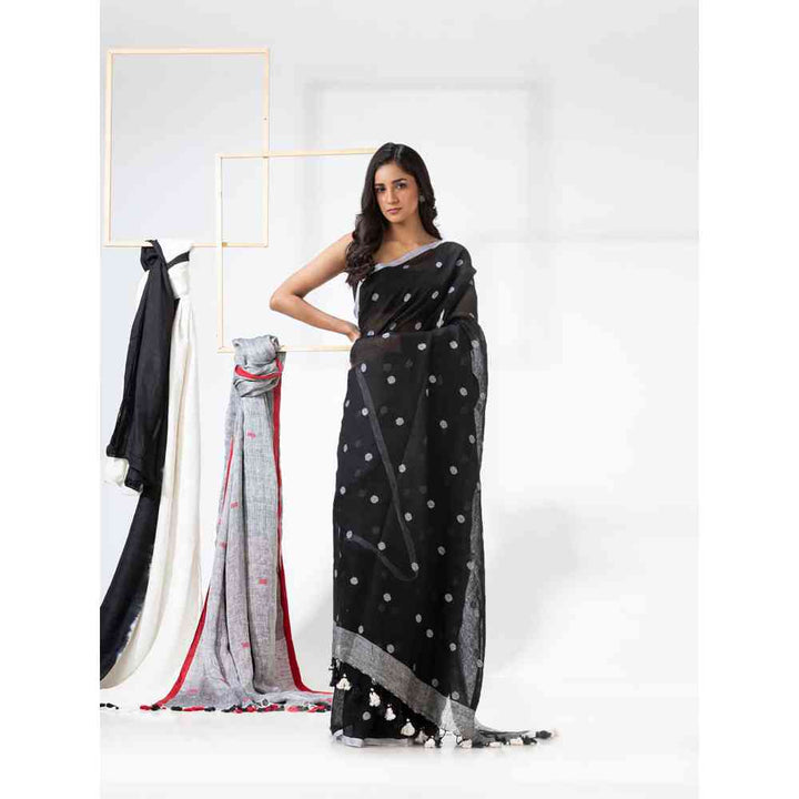 Angoshobha Black Traditional Handloom Linen Jamdani Saree with Unstitched Blouse