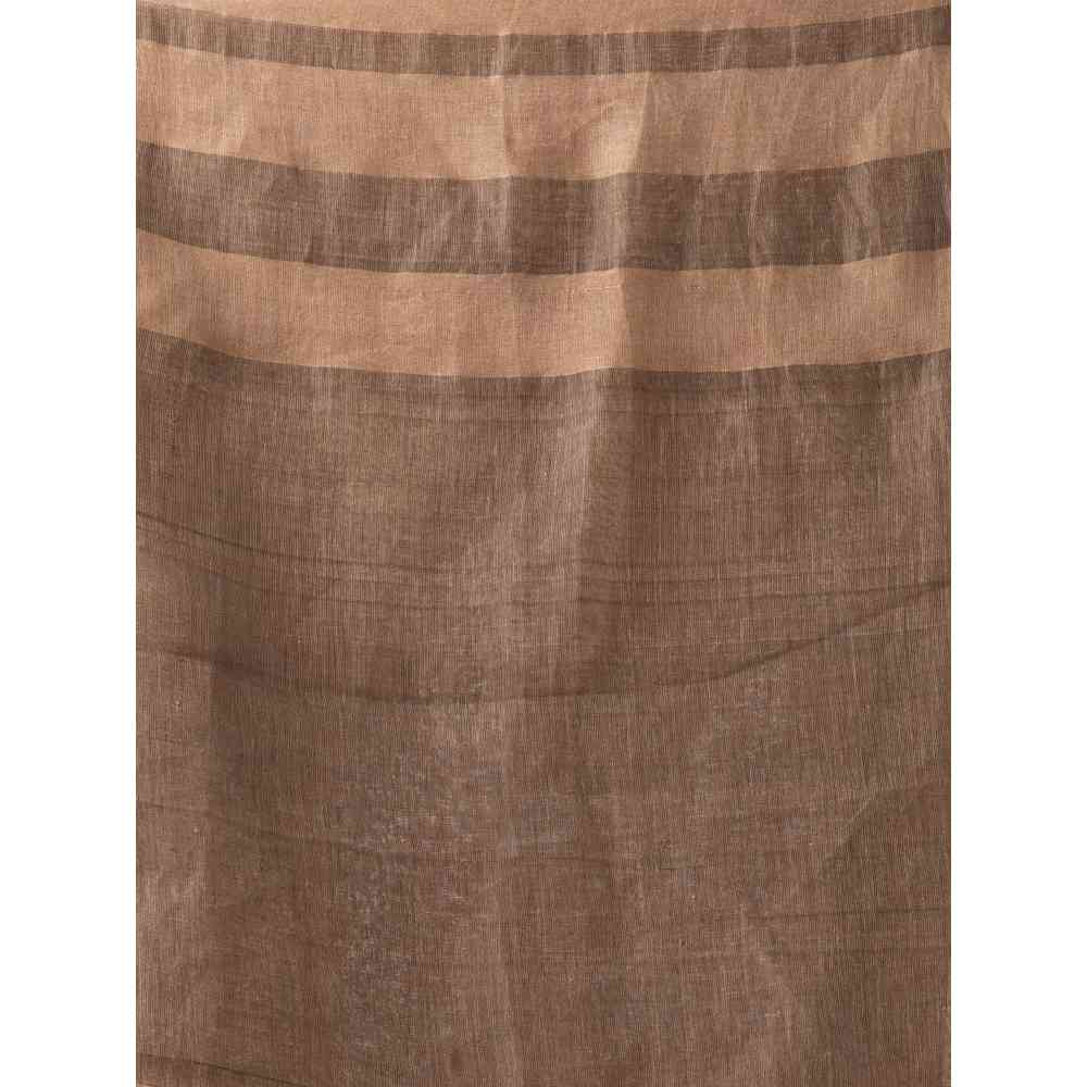 Angoshobha Traditional Dark Tan Handwoven Linen Saree with Unstitched Blouse