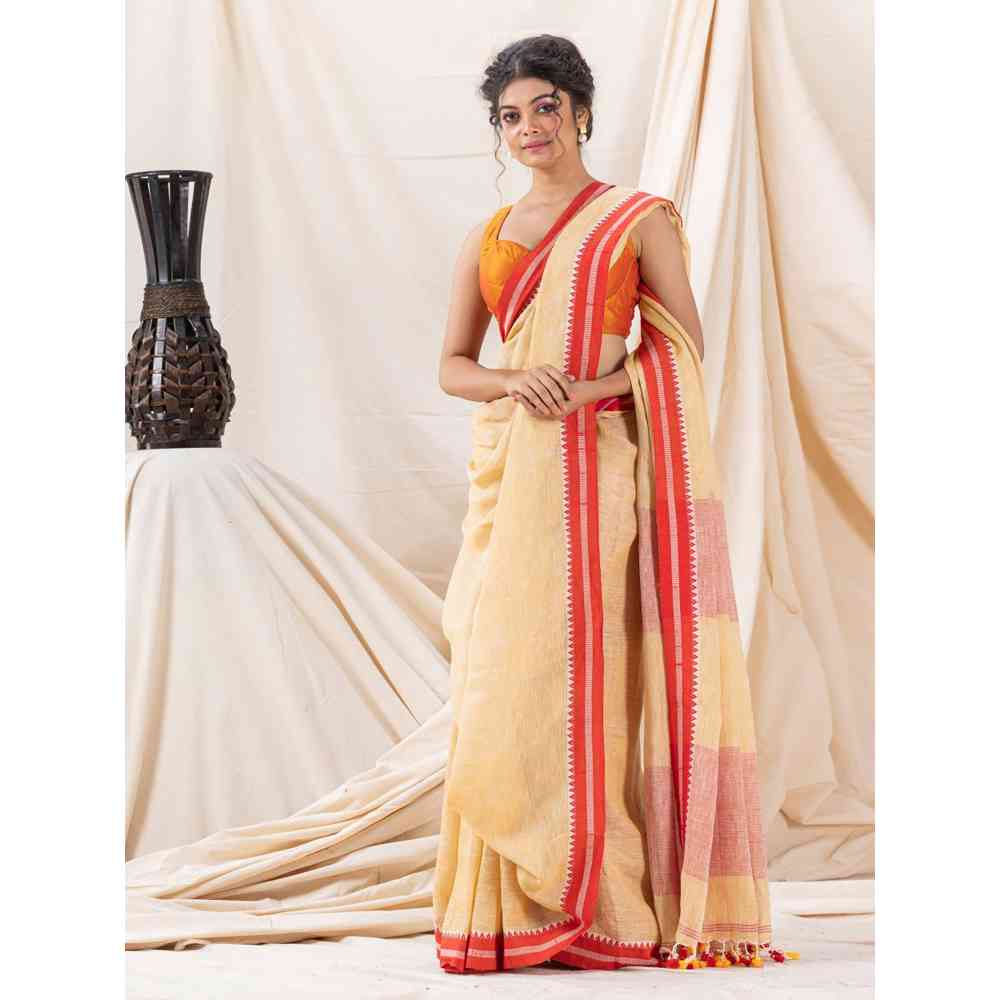 Angoshobha Traditional Naple Yellow Handloom Soft Linen Saree with Unstitched Blouse