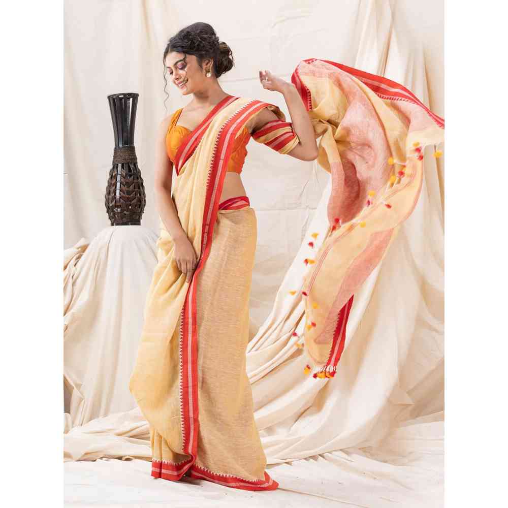 Angoshobha Traditional Naple Yellow Handloom Soft Linen Saree with Unstitched Blouse