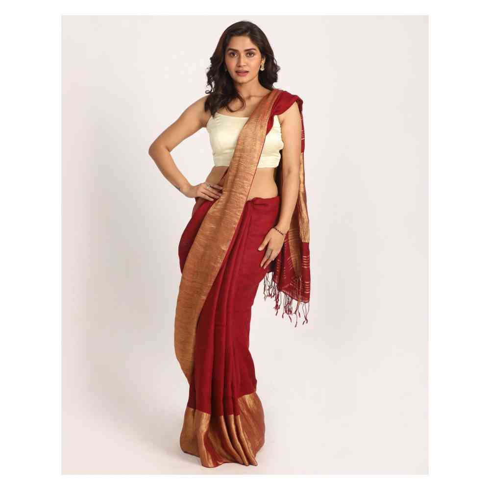 Angoshobha Maroon Traditional Handloom Linen Saree with Unstitched Blouse