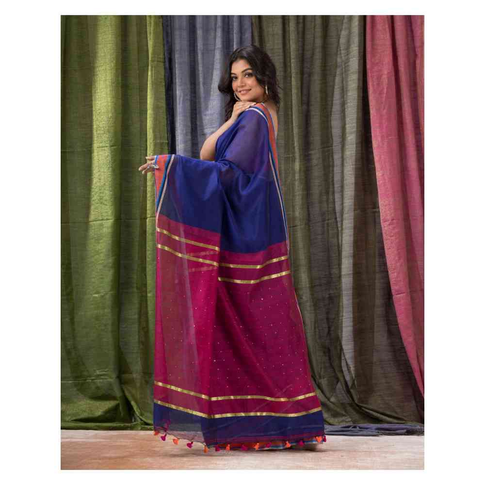 Angoshobha Cotton Blend Royal Blue Handloom Saree with Unstitched Blouse
