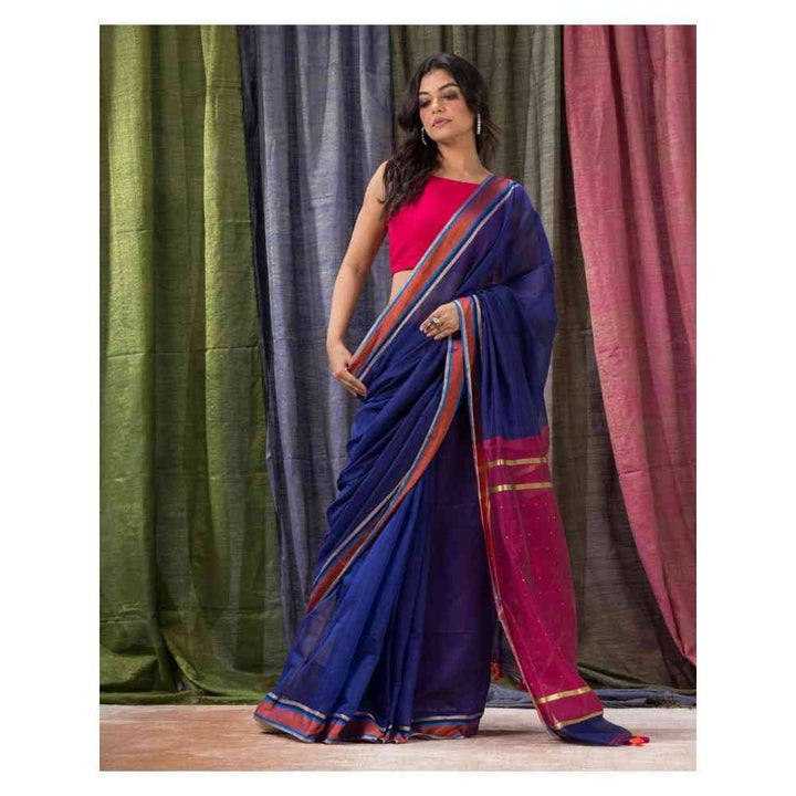 Angoshobha Cotton Blend Royal Blue Handloom Saree with Unstitched Blouse