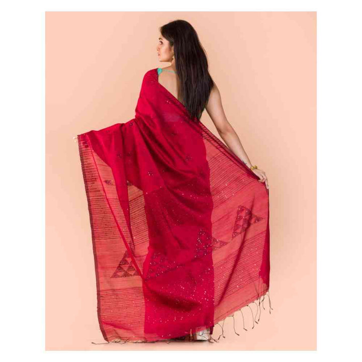 Angoshobha Red Handloom Cotton Silk Saree with Unstitched Blouse