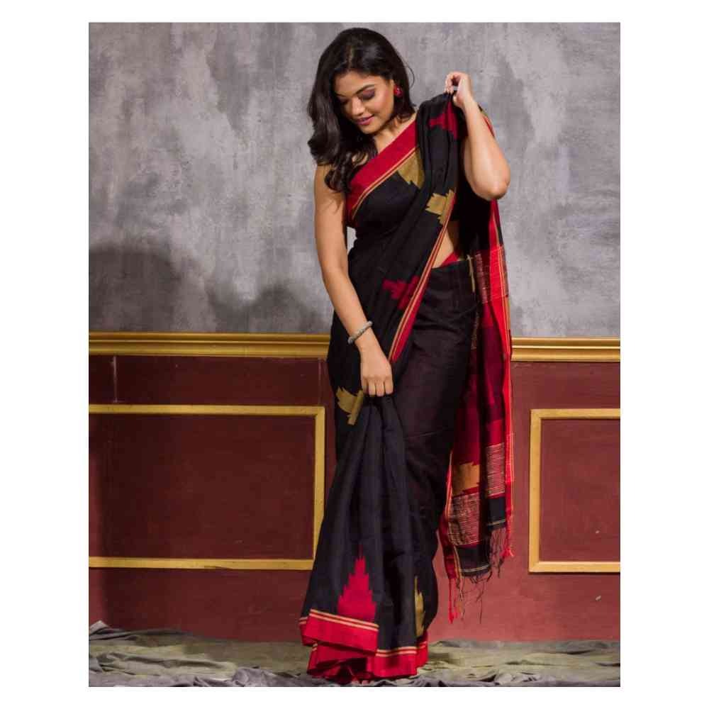 Angoshobha Temple Border Black Blended Cotton Saree with Unstitched Blouse