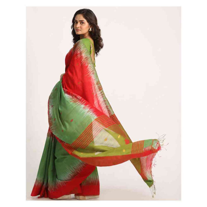 Angoshobha Red Dark Green Cotton Blend Handloom Tie Dye Jamdani Saree with Unstitched Blouse