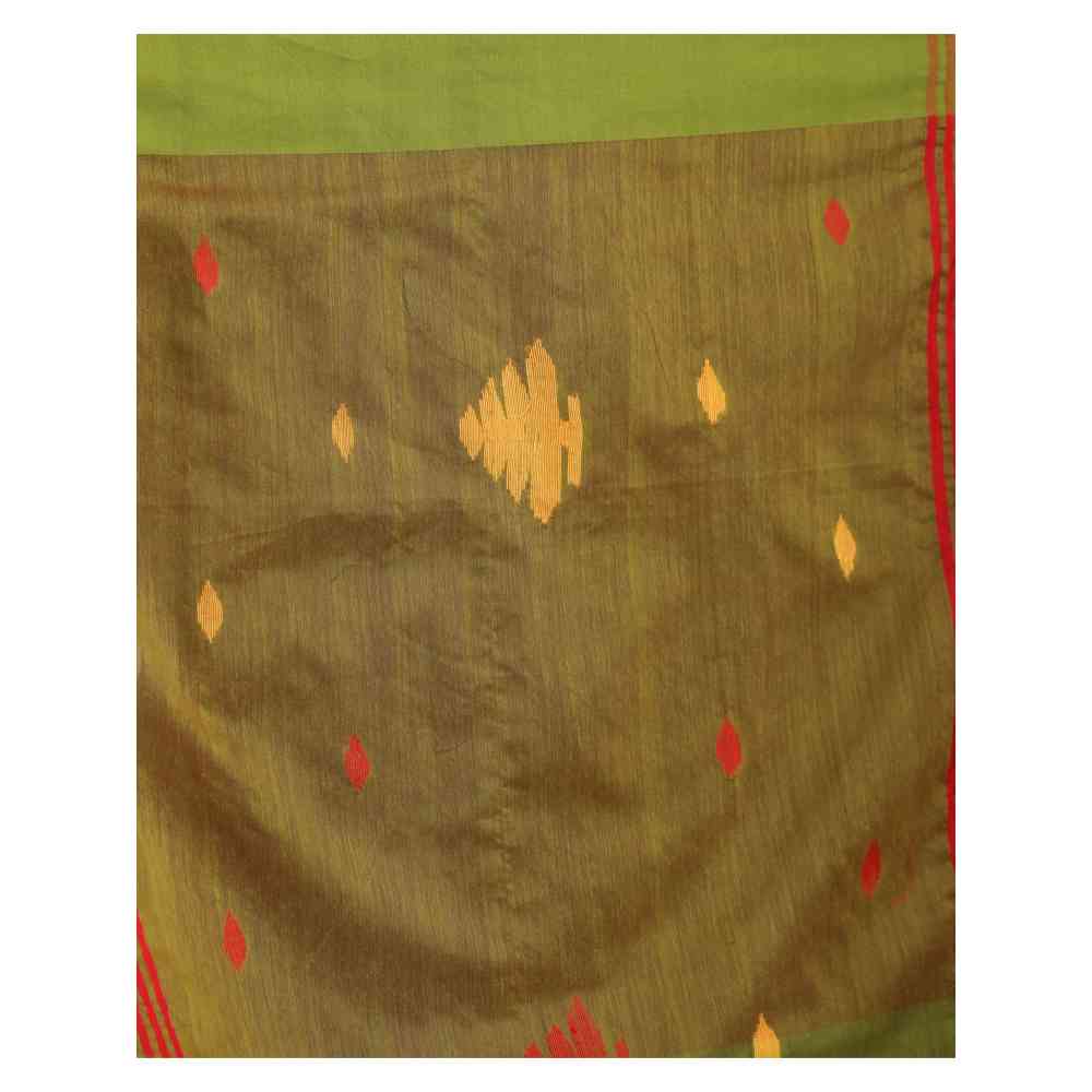 Angoshobha Red Dark Green Cotton Blend Handloom Tie Dye Jamdani Saree with Unstitched Blouse
