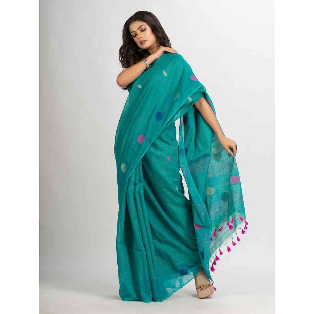 Angoshobha Firoja Handwoven Cotton Blend Jamdani Handloom Saree with Unstitched Blouse