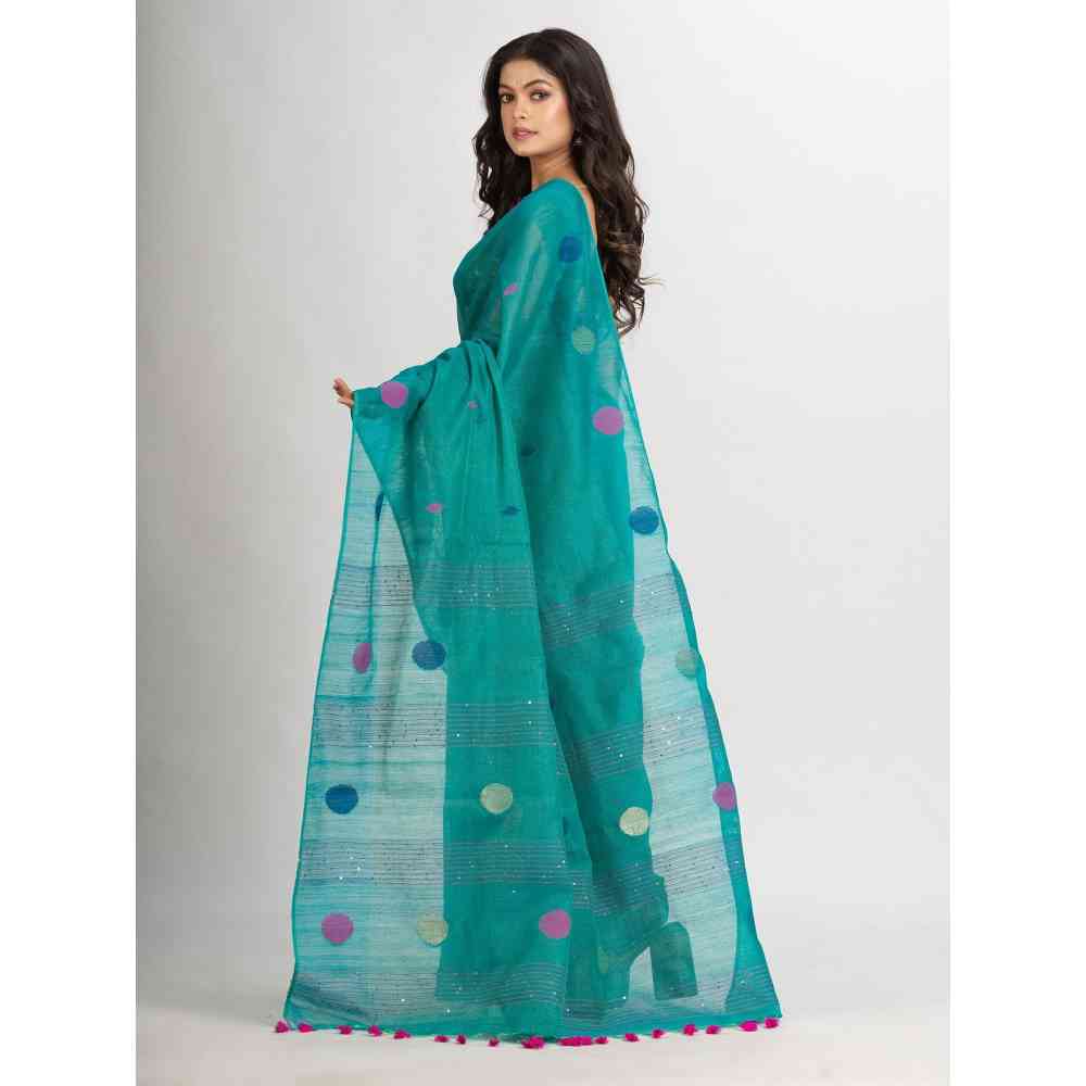 Angoshobha Firoja Handwoven Cotton Blend Jamdani Handloom Saree with Unstitched Blouse