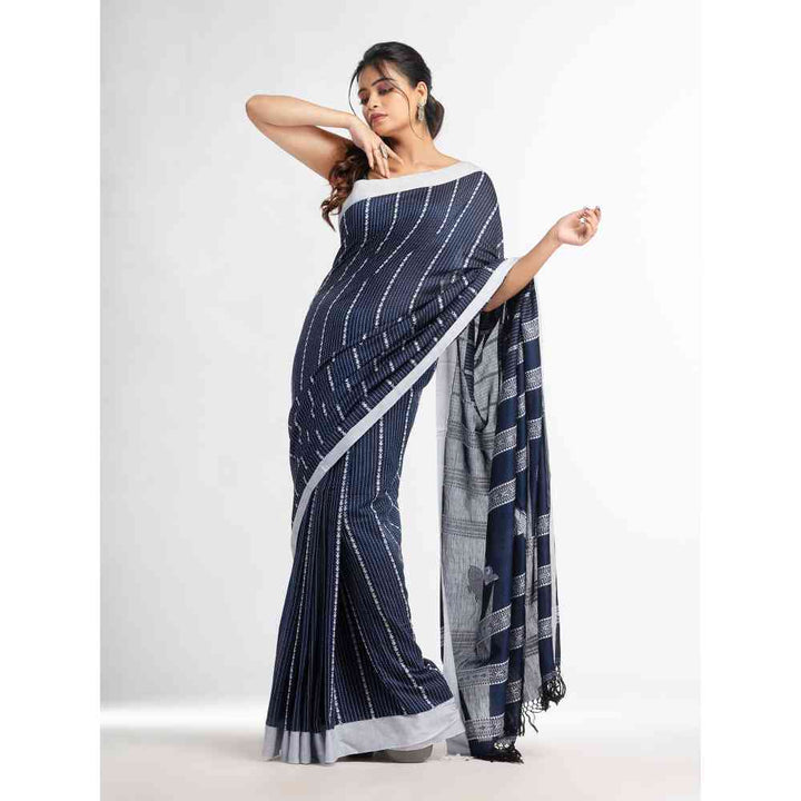 Angoshobha Navy Blue All Body Small Fish Design with Solid Border Saree with Unstitched Blouse
