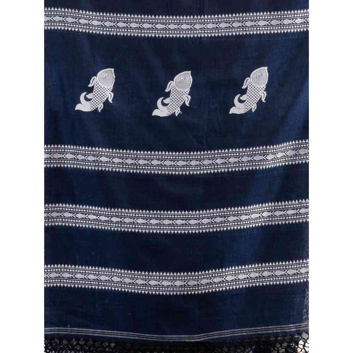 Angoshobha Navy Blue All Body Small Fish Design with Solid Border Saree with Unstitched Blouse