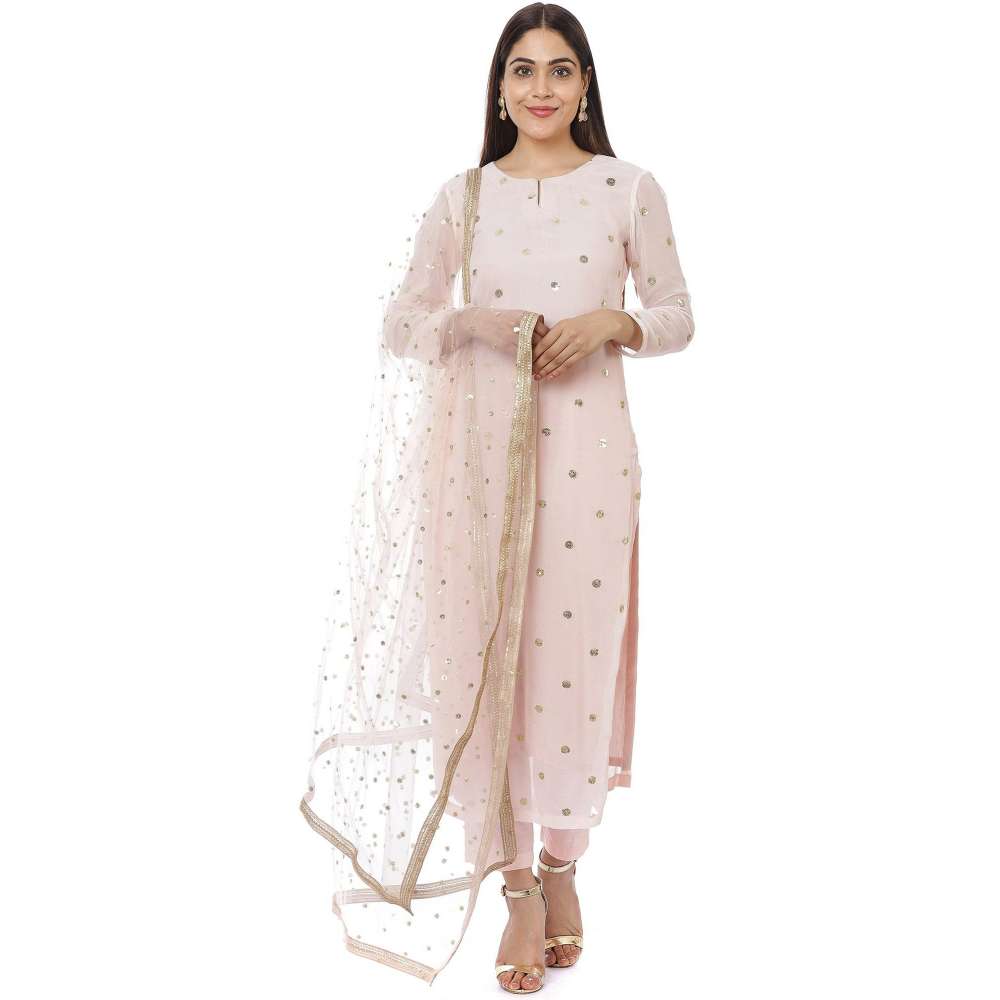 Blush Pink Sequined Georgette Kurti with Pants and Sequined Pearl Net Dupatta (Set of 3)