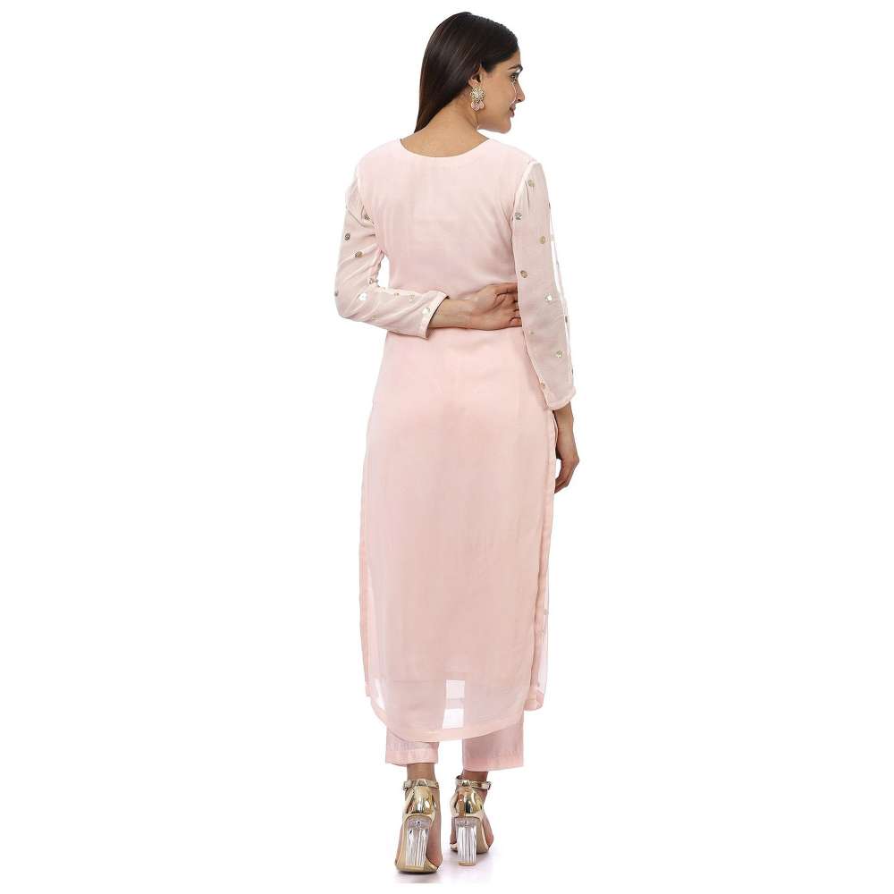 Blush Pink Sequined Georgette Kurti with Pants and Sequined Pearl Net Dupatta (Set of 3)