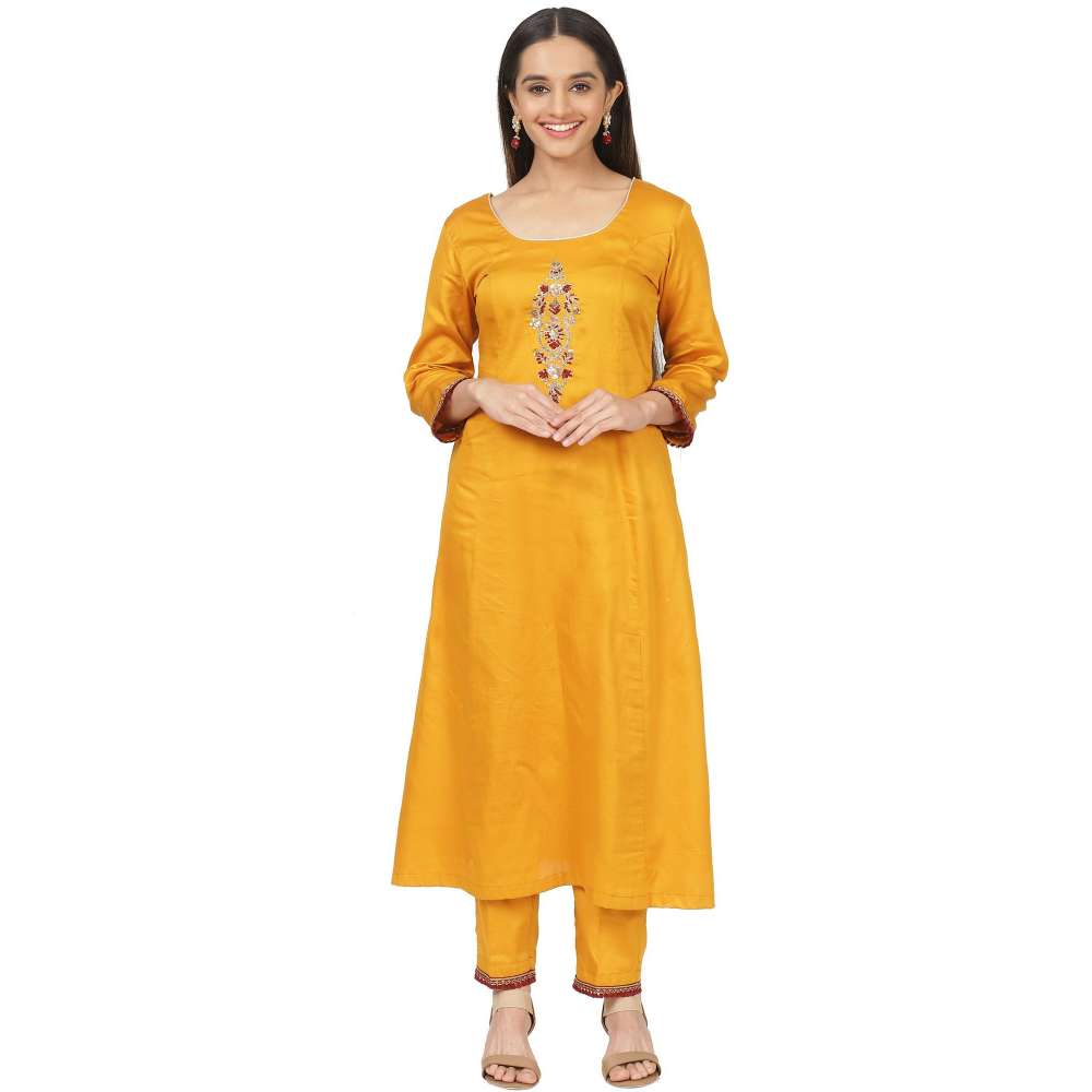 anokherang Mustard Floral Embroidered A-Line Kurti with Straight Pants (Set of 2)