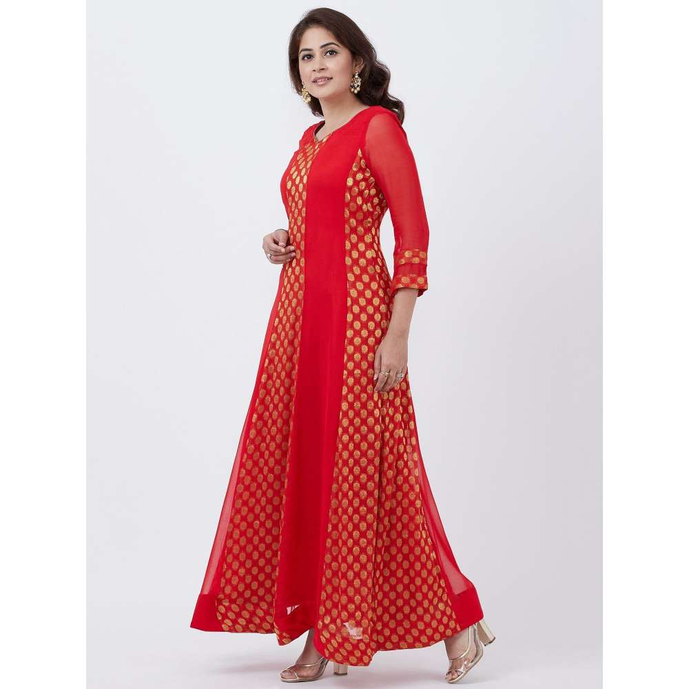 anokherang Red And Gold Banarasi Georgette Floor Length Dress