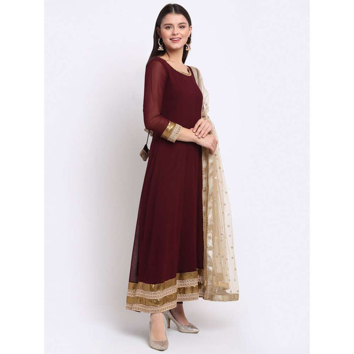 anokherang Smooth Wine Georgette Anarkali with Churidaar and Sequin Dupatta (Set of 3)
