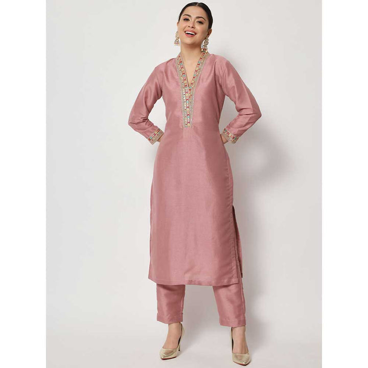 anokherang Soft Mauve Thread Embroidered Kurti with Pants (Set of 2)