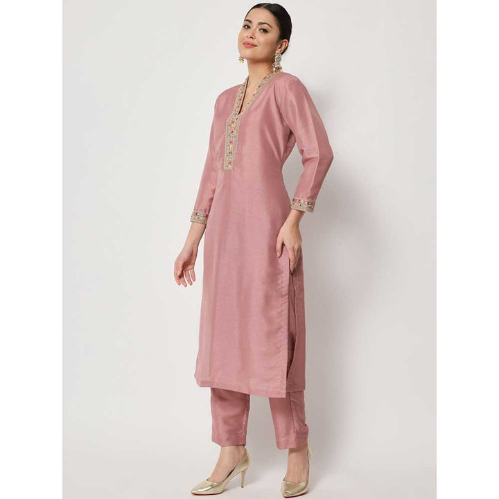 anokherang Soft Mauve Thread Embroidered Kurti with Pants (Set of 2)