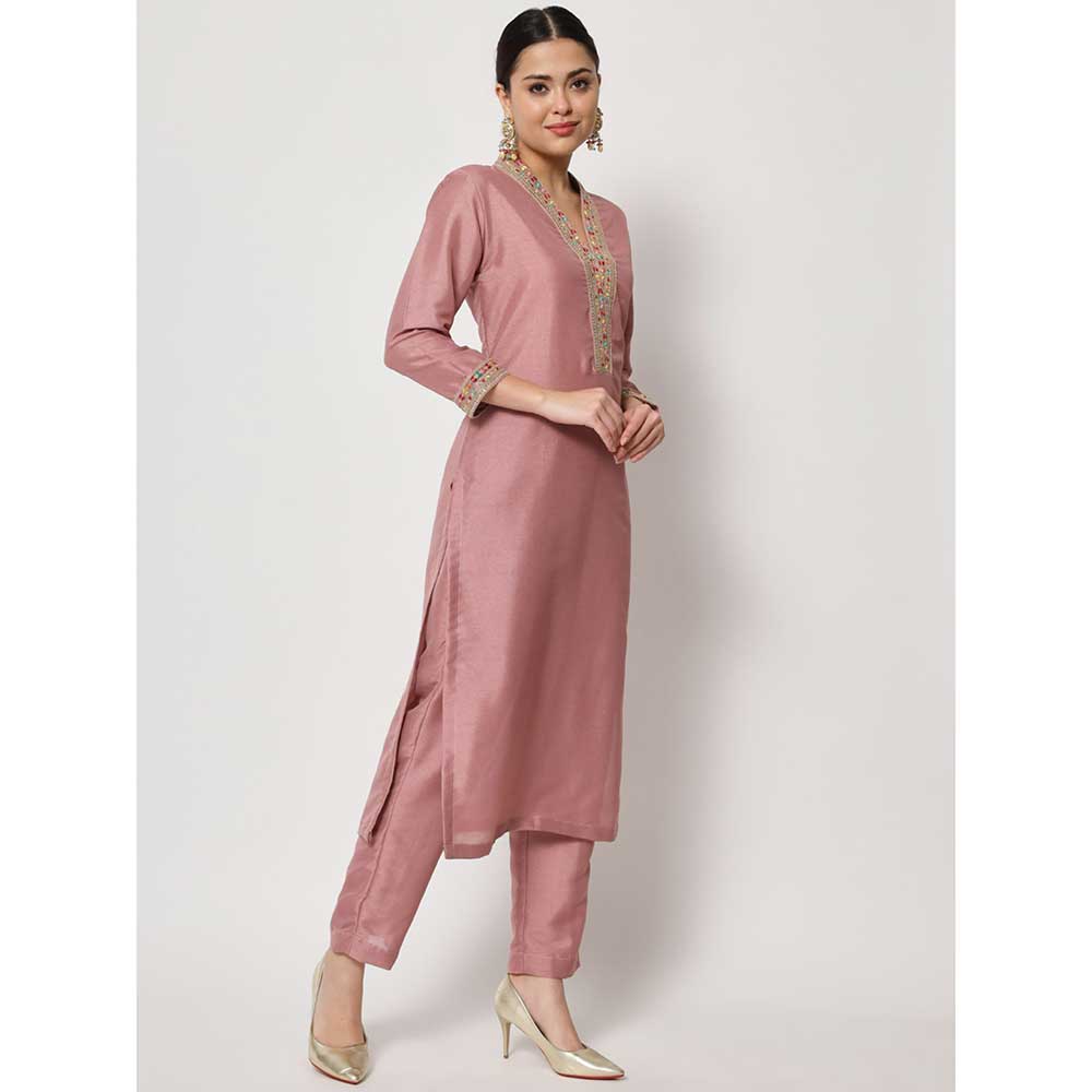 anokherang Soft Mauve Thread Embroidered Kurti with Pants (Set of 2)