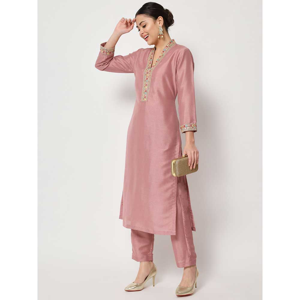 anokherang Soft Mauve Thread Embroidered Kurti with Pants (Set of 2)