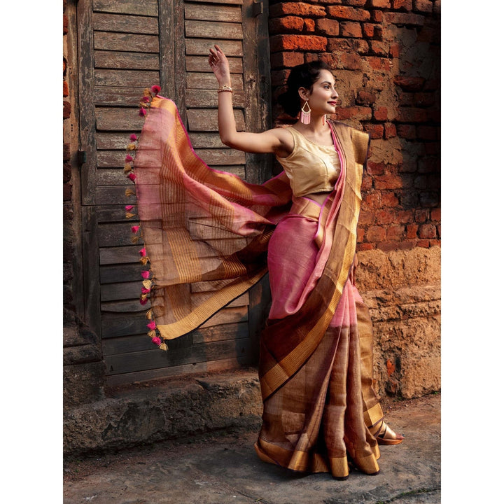 Apaapi Threads Of Glory Pink-Brown Zari Linen Saree With Unstitched Blouse By Apaapi