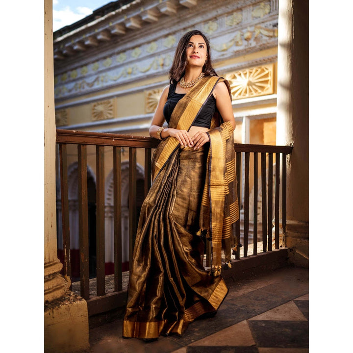 Apaapi Threads Of Glory Gold Woven Zari Linen Saree With Unstitched Blouse