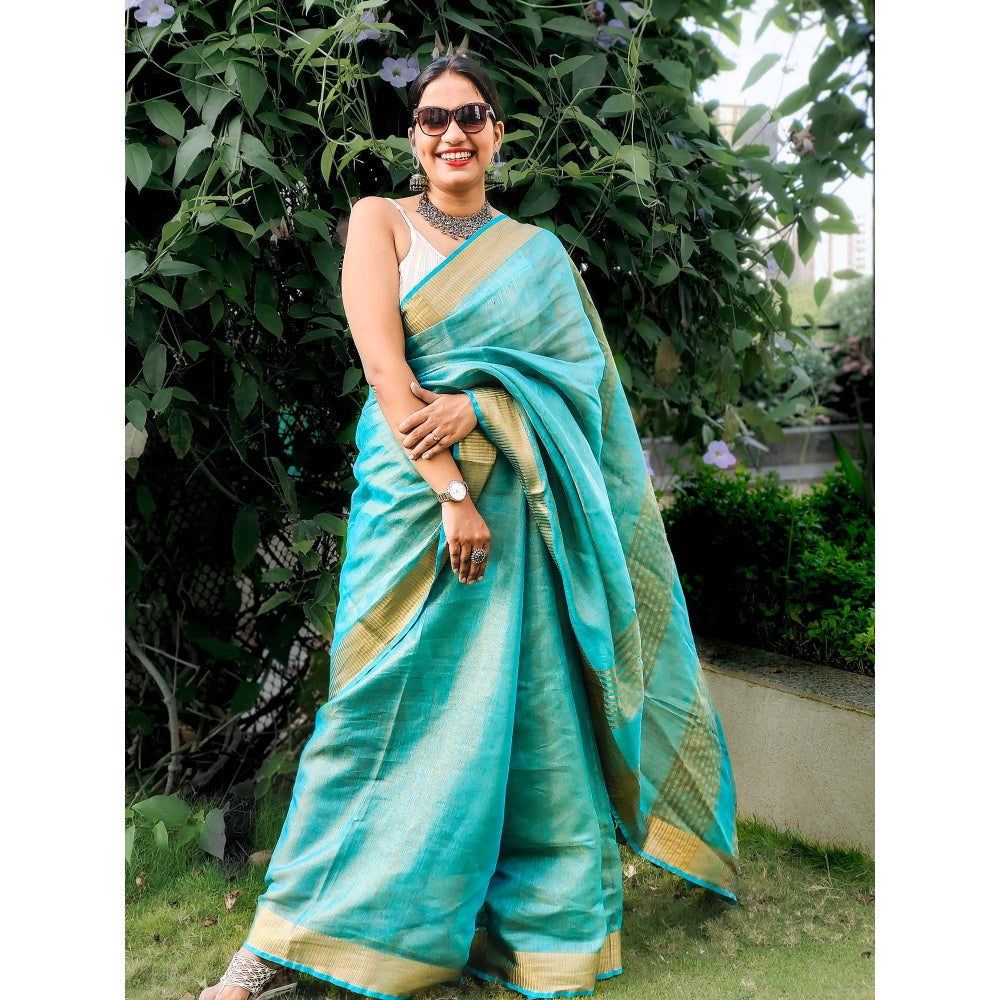 Apaapi Threads Of Glory Blue Woven Zari Linen Saree With Unstitched Blouse