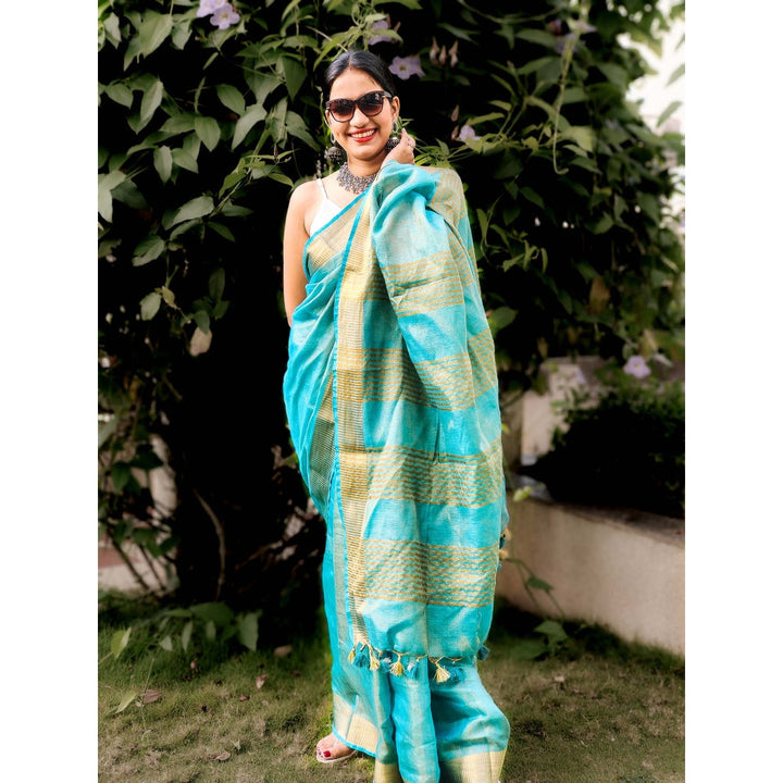 Apaapi Threads Of Glory Blue Woven Zari Linen Saree With Unstitched Blouse