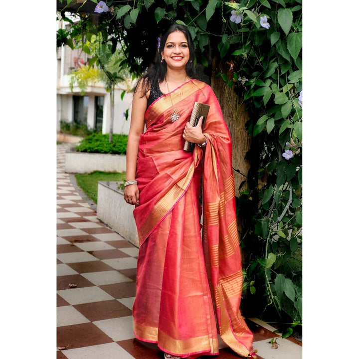 Apaapi Threads Of Glory Red Woven Zari Linen Saree With Unstitched Blouse