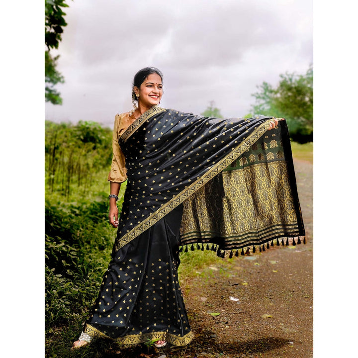 Apaapi Threads Of Glory Black Silk Woven Saree Gos Tree Motif With Unstitched Blouse
