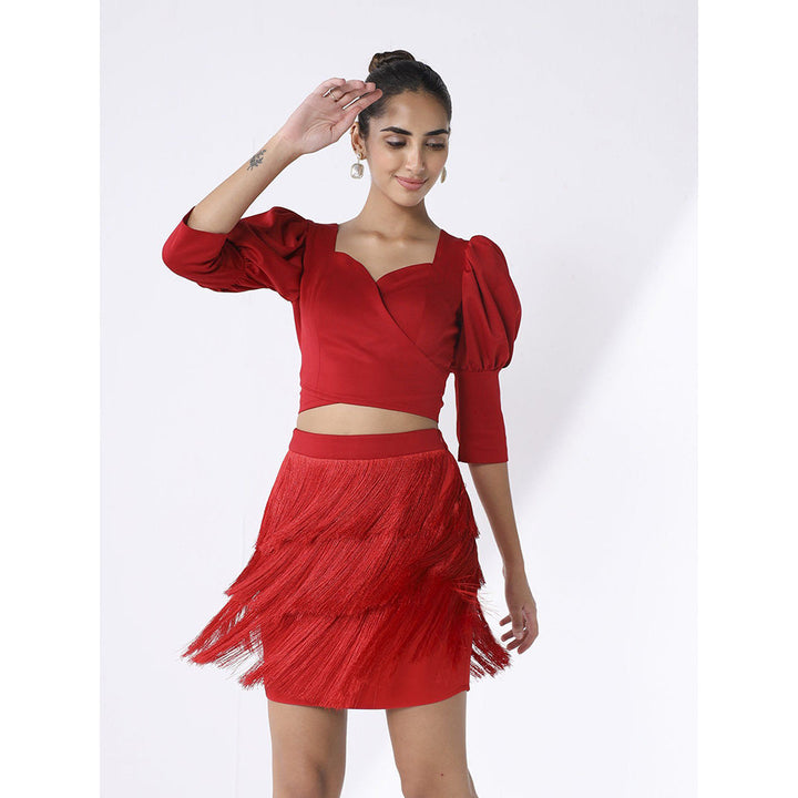 Ashico Red Fringe Skirt - Red