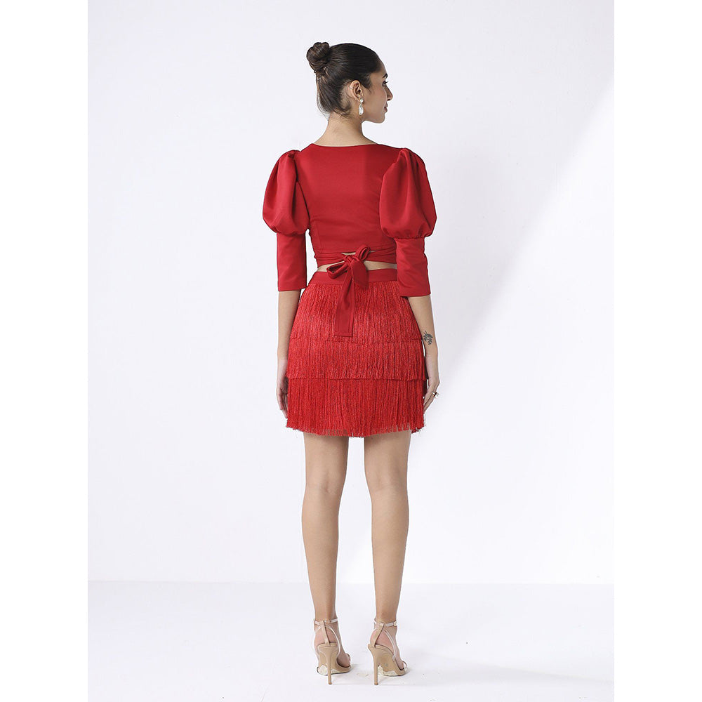 Ashico Red Fringe Skirt - Red